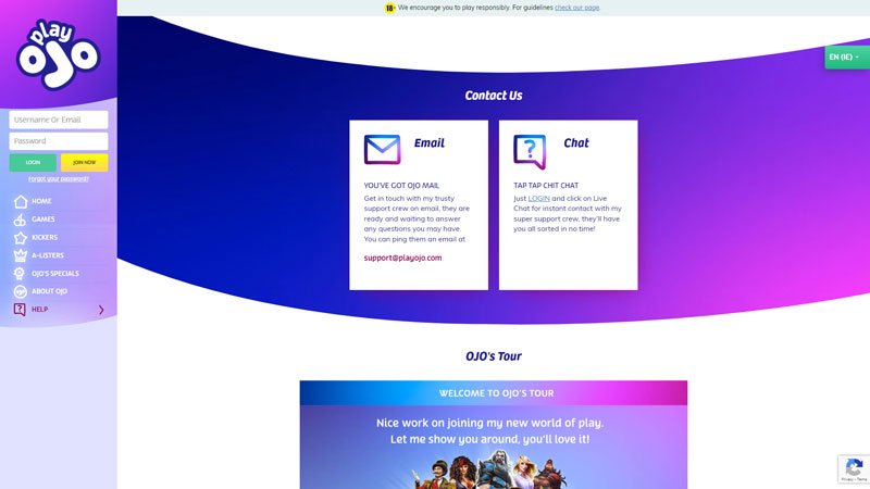 play-ojo-casino support screenshot