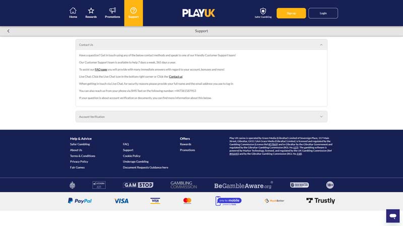 play-uk-casino support screenshot