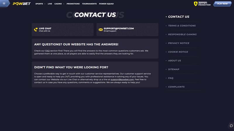 powbet support screenshot