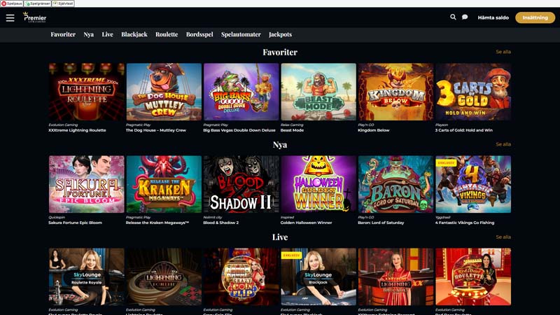 premier-live-casino lobby screenshot