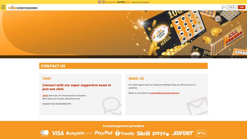 prime-scratch-cards-casino support screenshot