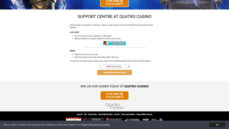 quatro-casino support screenshot