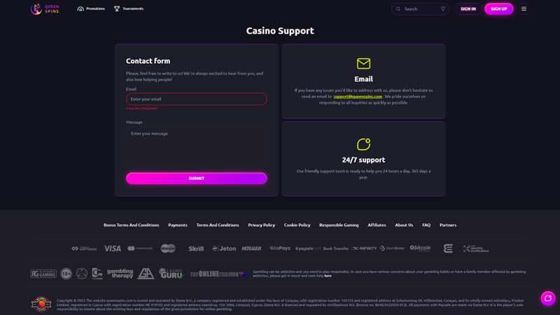 queenspins support screenshot