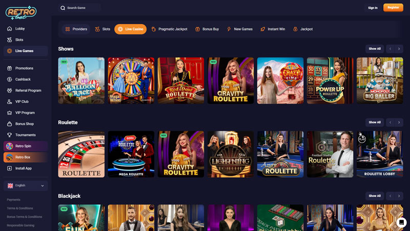 retro-bet live screenshot