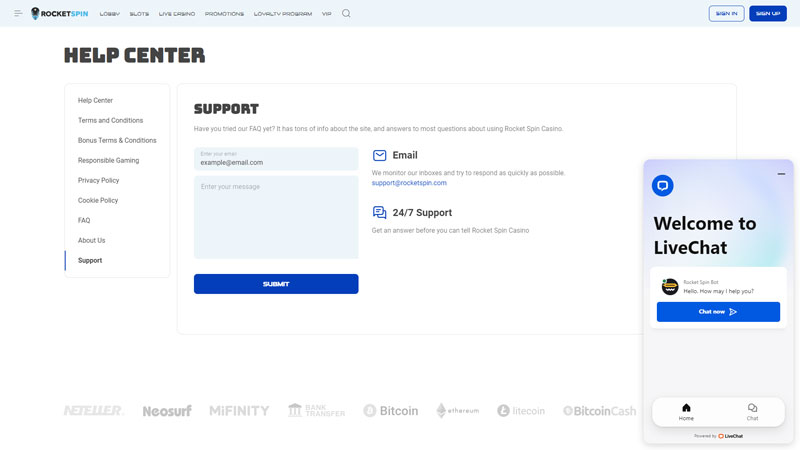 rocketspin support screenshot