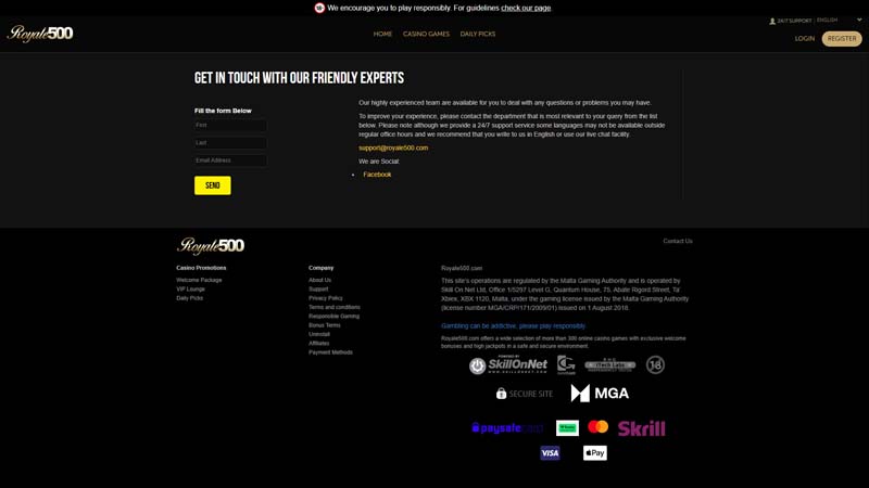 royale-500-casino support screenshot