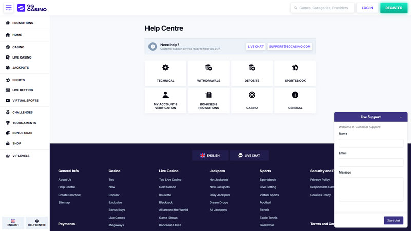 sgcasino support screenshot