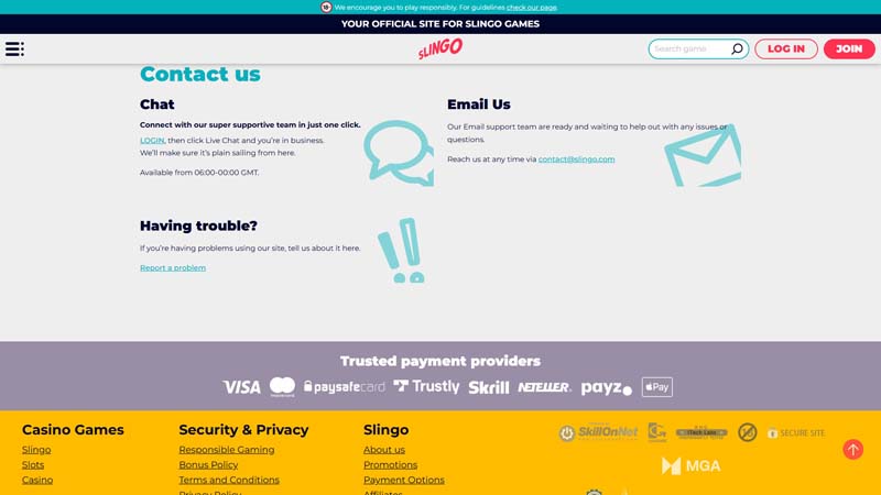 slingo-casino support screenshot