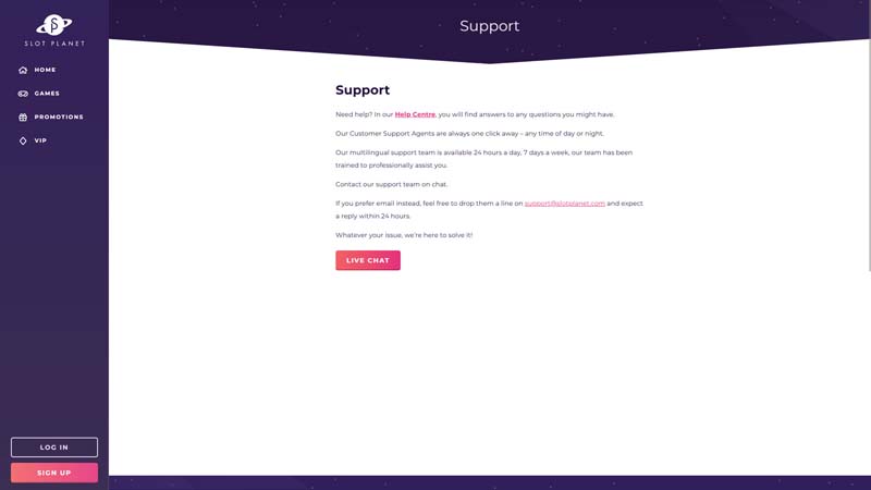 slot-planet-casino support screenshot