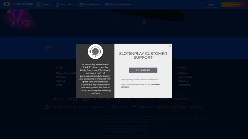 slotsnplay support screenshot