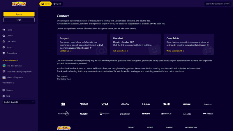 slottio support screenshot