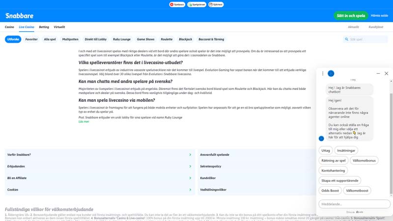 snabbare-casino support screenshot
