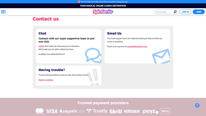 spin-genie-casino support screenshot