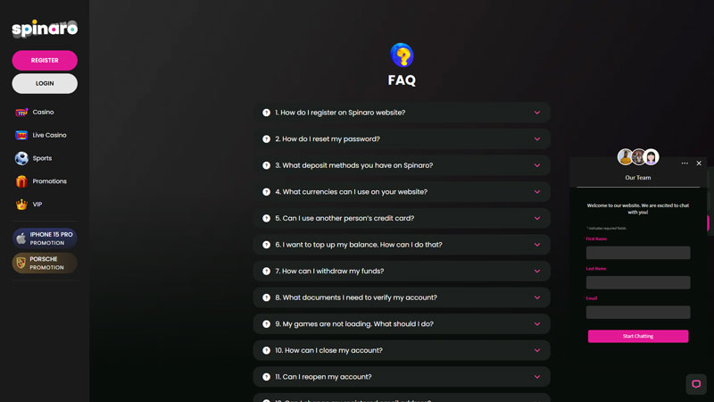 spinaro support screenshot
