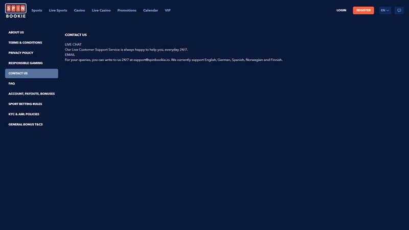spinbookie support screenshot
