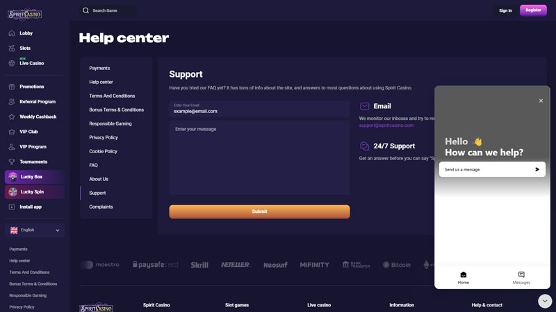spirit-casino support screenshot