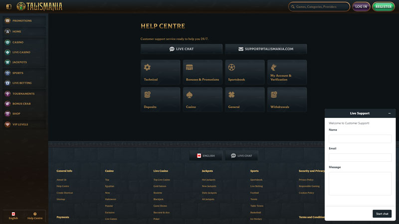 talismania support screenshot