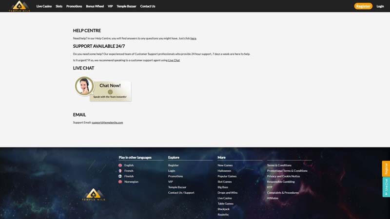 temple-nile-casino support screenshot