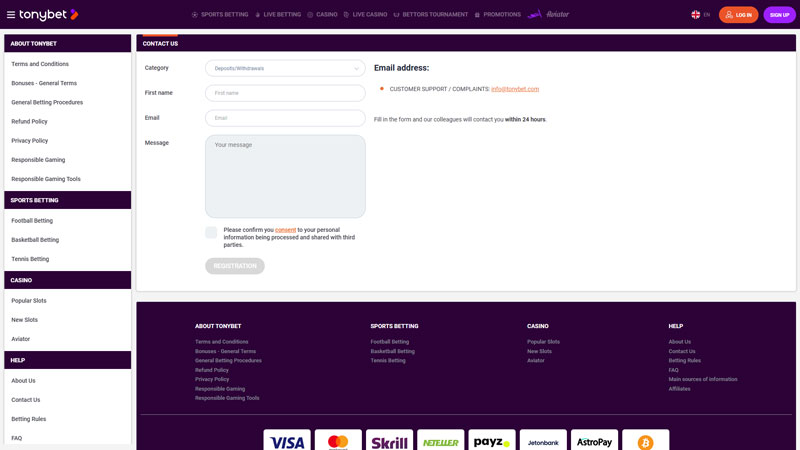 tony-bet-casino support screenshot