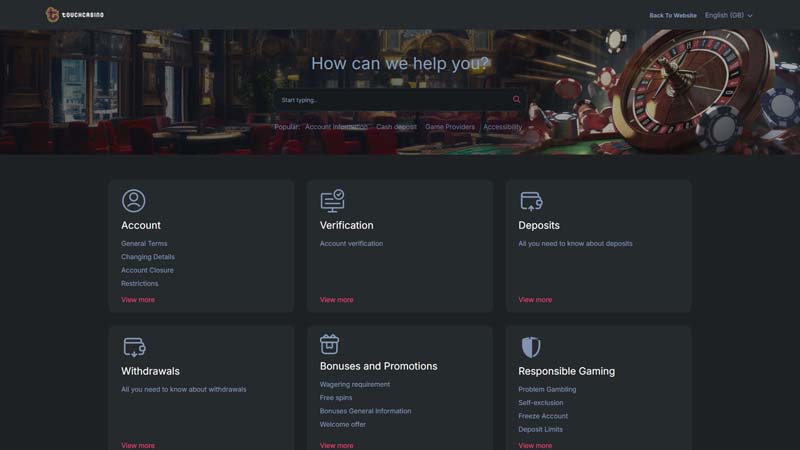 touchcasino support screenshot