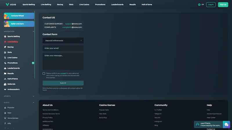 vave support screenshot