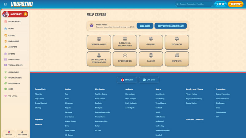 vegasino support screenshot