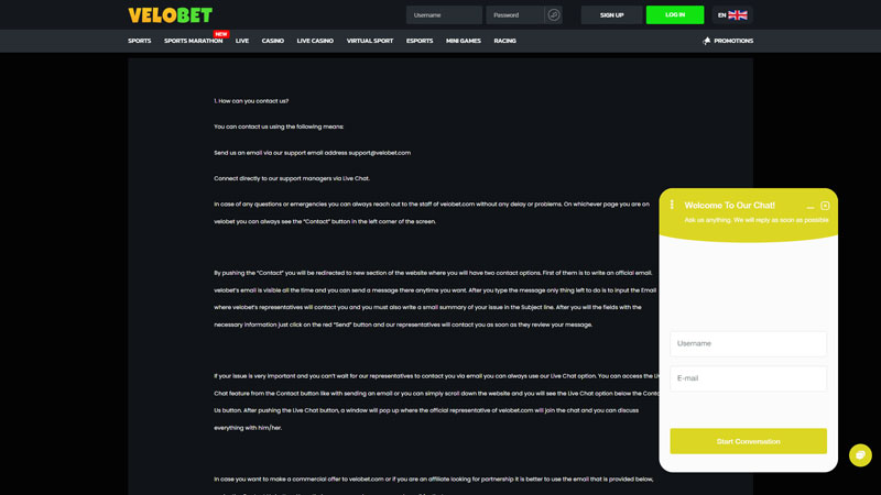 velobet support screenshot