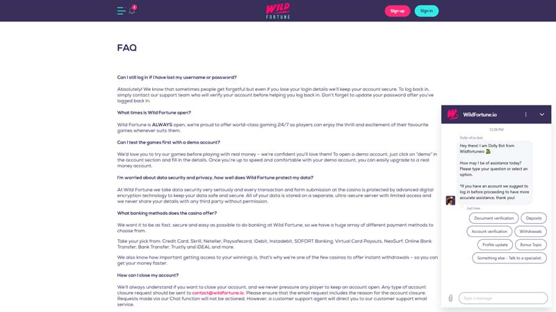 wild-fortune-io support screenshot