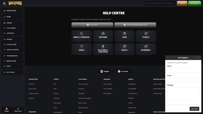 wildsino support screenshot