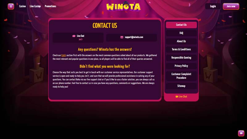 winota support screenshot