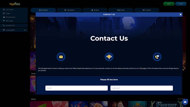 wins-park-casino support screenshot